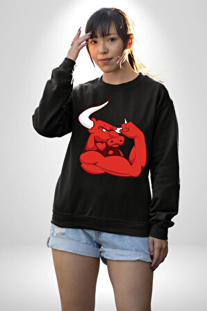 Kırmızı Boğa Maskotu Erkek Kadın Unisex Dijital Baskılı Siyah Sweatshirt