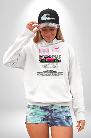 Porsche GT3 RS Tasarımı Erkek Kadın Beyaz Dijital Baskılı Kapüşonlu Sweatshirt Hoodie
