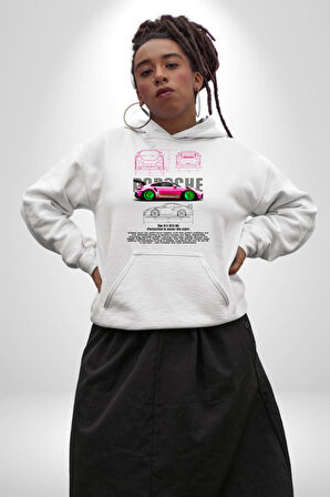 Porsche GT3 RS Tasarımı Erkek Kadın Beyaz Dijital Baskılı Kapüşonlu Sweatshirt Hoodie