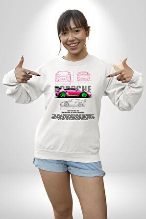 Porsche GT3 RS Tasarımı Erkek Kadın Unisex Dijital Baskılı Beyaz Sweatshirt