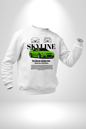 Nissan Skyline R34 Erkek Kadın Unisex Dijital Baskılı Beyaz Sweatshirt