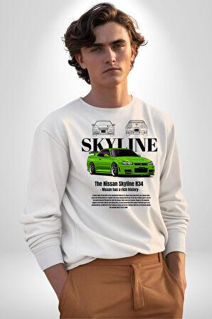 Nissan Skyline R34 Erkek Kadın Unisex Dijital Baskılı Beyaz Sweatshirt