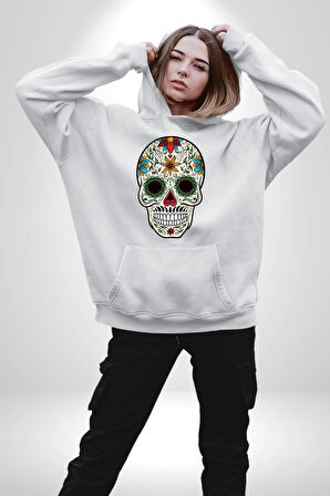 Dia de los Muertos Erkek Kadın Beyaz Dijital Baskılı Kapüşonlu Sweatshirt Hoodie