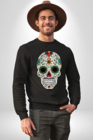Dia de los Muertos Erkek Kadın Unisex Dijital Baskılı Siyah Sweatshirt