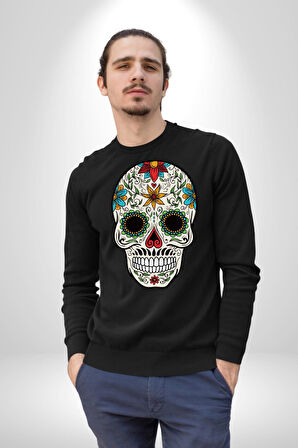 Dia de los Muertos Erkek Kadın Unisex Dijital Baskılı Siyah Sweatshirt