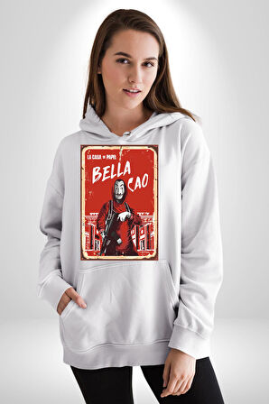 La Casa de Papel Bella Cao Dizi Serisi Erkek Kadın Beyaz Dijital Baskılı Kapüşonlu Sweatshirt Hoodie