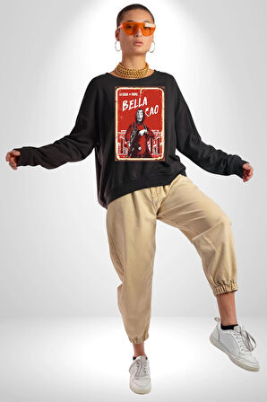 La Casa de Papel Bella Cao Dizi Serisi Erkek Kadın Unisex Dijital Baskılı Siyah Sweatshirt