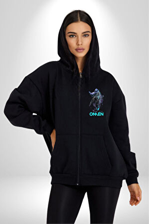 Valorant Omen Oyun Kahramanı Erkek Kadın Siyah Fermuarlı Baskılı Hırka Sweatshirt