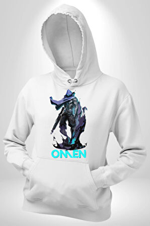 Valorant Omen Oyun Kahramanı Erkek Kadın Beyaz Dijital Baskılı Kapüşonlu Sweatshirt Hoodie