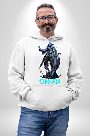 Valorant Omen Oyun Kahramanı Erkek Kadın Beyaz Dijital Baskılı Kapüşonlu Sweatshirt Hoodie