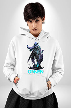 Valorant Omen Oyun Kahramanı Erkek Kadın Beyaz Dijital Baskılı Kapüşonlu Sweatshirt Hoodie