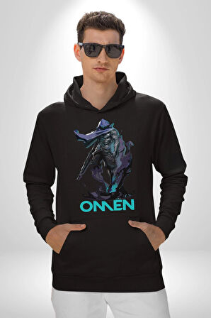 Valorant Omen Oyun Kahramanı Erkek Kadın Siyah Dijital Baskılı Kapüşonlu Sweatshirt Hoodie