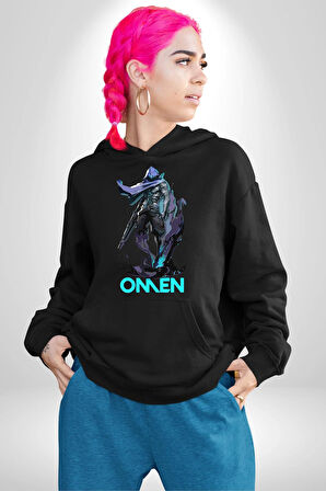 Valorant Omen Oyun Kahramanı Erkek Kadın Siyah Dijital Baskılı Kapüşonlu Sweatshirt Hoodie