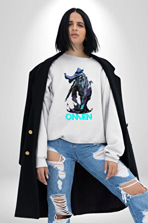 Valorant Omen Oyun Kahramanı Erkek Kadın Unisex Dijital Baskılı Beyaz Sweatshirt
