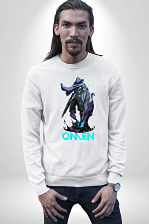 Valorant Omen Oyun Kahramanı Erkek Kadın Unisex Dijital Baskılı Beyaz Sweatshirt