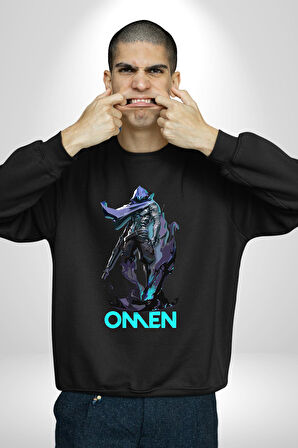 Valorant Omen Oyun Kahramanı Erkek Kadın Unisex Dijital Baskılı Siyah Sweatshirt