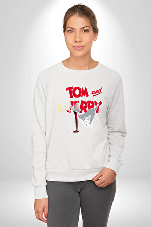 Tom and Jerry Şaşkın Bakış Çizgi Film Erkek Kadın Unisex Dijital Baskılı Beyaz Sweatshirt