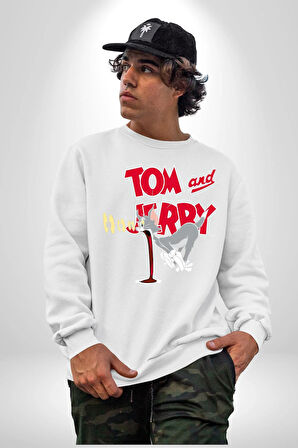 Tom and Jerry Şaşkın Bakış Çizgi Film Erkek Kadın Unisex Dijital Baskılı Beyaz Sweatshirt