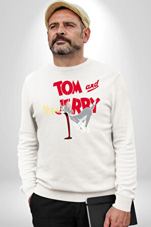 Tom and Jerry Şaşkın Bakış Çizgi Film Erkek Kadın Unisex Dijital Baskılı Beyaz Sweatshirt