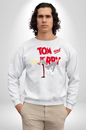 Tom and Jerry Şaşkın Bakış Çizgi Film Erkek Kadın Unisex Dijital Baskılı Beyaz Sweatshirt