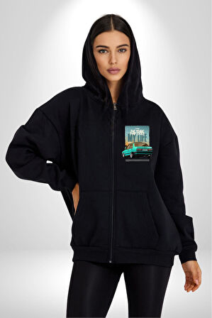 Hatıraları Canlandıran Tofaş Efsanesi! Erkek Kadın Siyah Fermuarlı Baskılı Hırka Sweatshirt