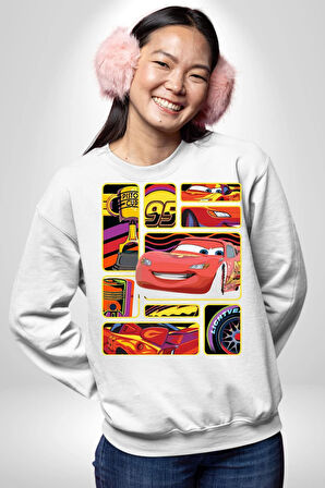 Şimşek McQueen ile Pistlerin Kralı Olun! Erkek Kadın Unisex Dijital Baskılı Beyaz Sweatshirt
