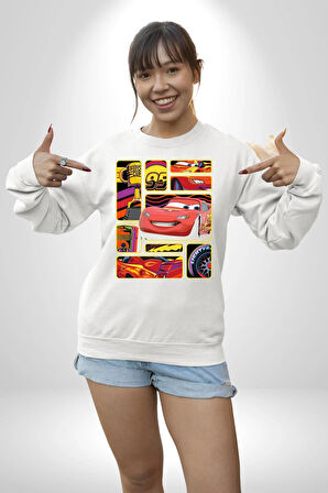 Şimşek McQueen ile Pistlerin Kralı Olun! Erkek Kadın Unisex Dijital Baskılı Beyaz Sweatshirt