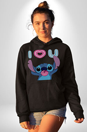 Stitch'in Baloncuk Sevgisiyle Renkli Anlar! Erkek Kadın Siyah Dijital Baskılı Kapüşonlu Sweatshirt Hoodie