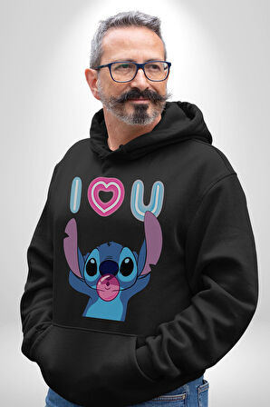 Stitch'in Baloncuk Sevgisiyle Renkli Anlar! Erkek Kadın Siyah Dijital Baskılı Kapüşonlu Sweatshirt Hoodie