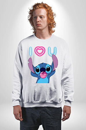 Stitch'in Baloncuk Sevgisiyle Renkli Anlar! Erkek Kadın Unisex Dijital Baskılı Beyaz Sweatshirt