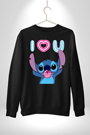 Stitch'in Baloncuk Sevgisiyle Renkli Anlar! Erkek Kadın Unisex Dijital Baskılı Siyah Sweatshirt