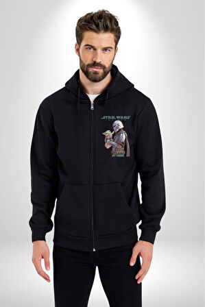 Mandalorian ve Baby Yoda Star Wars Erkek Kadın Siyah Fermuarlı Baskılı Hırka Sweatshirt