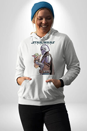 Mandalorian ve Baby Yoda Star Wars Erkek Kadın Beyaz Dijital Baskılı Kapüşonlu Sweatshirt Hoodie
