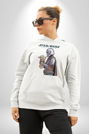 Mandalorian ve Baby Yoda Star Wars Erkek Kadın Beyaz Dijital Baskılı Kapüşonlu Sweatshirt Hoodie