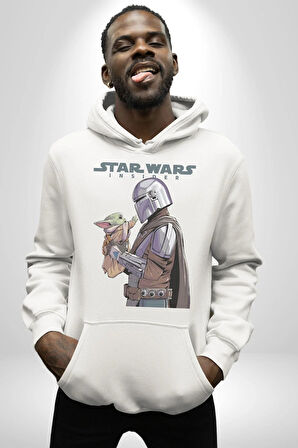 Mandalorian ve Baby Yoda Star Wars Erkek Kadın Beyaz Dijital Baskılı Kapüşonlu Sweatshirt Hoodie