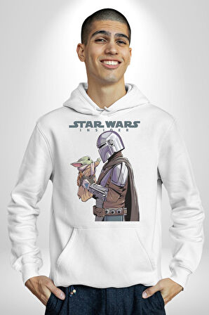 Mandalorian ve Baby Yoda Star Wars Erkek Kadın Beyaz Dijital Baskılı Kapüşonlu Sweatshirt Hoodie