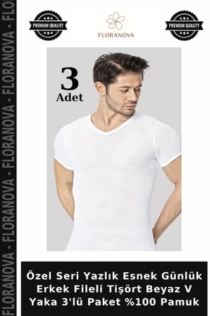 Özel Seri Yazlık Esnek Günlük Erkek Fileli Tişört Beyaz V Yaka 3'lü Paket %100 Pamuk