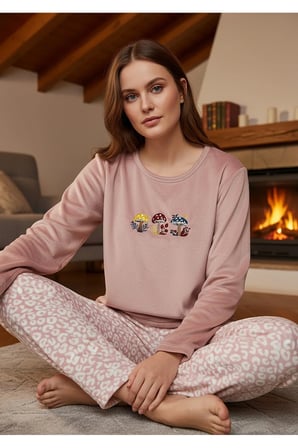 Mantar Detaylı Pembe Kadife Pijama Takımı