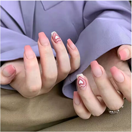 VividCharm 24lü Mat Pembe Kalp Tasarımlı Takma Tırnak Seti / Protez Tırnak Seti