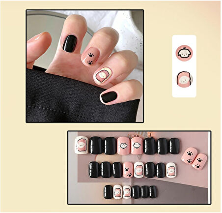 VividCharm 24lü Siyah & Pembe Pati Tasarımlı Takma Tırnak Seti / Protez Tırnak Seti
