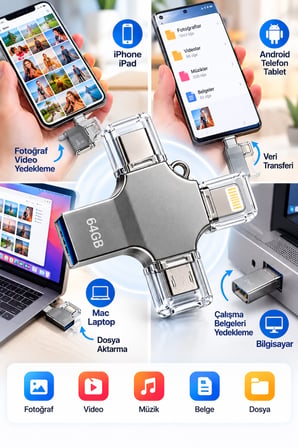 Kompakt ve Taşınabilir Tasarıma Sahip 64GB Lightning Type C USB MicroUSB Çoklu Kullanımlı Flash Bellek