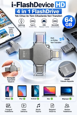 4 Farklı Bağlantı Noktasıyla Telefon ve Bilgisayar Arasında Kolay Veri Aktarımı Sağlayan 64GB Flash Bellek