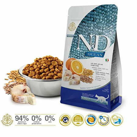 N&D Ocean Düşük Tahıllı Morina Balıklı Yetişkin Kedi Maması 1.5 Kg