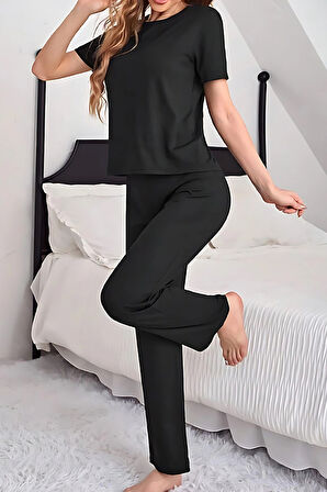 Raew Pijama Takımı Kısa Kollu Ultra Soft Ring Viskon Siyah