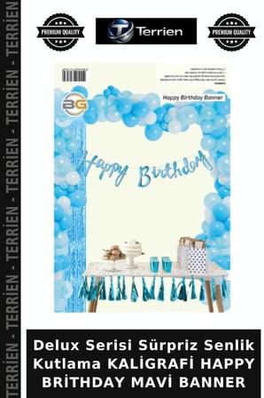 Delux Serisi Sürpriz Senlik Kutlama KALİGRAFİ HAPPY BRİTHDAY MAVİ BANNER