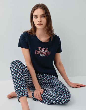 Pierre Cardin Kadın Yazlık Kısa Kollu Pijama Takımı – %50 Modal %50 Pamuk, Desenli Uzun Alt, Baskılı Üst