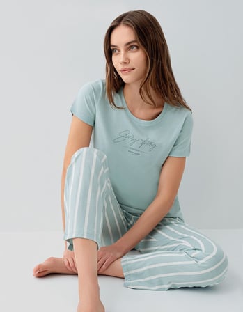 Pierre Cardin Kadın Kısa Kollu Pijama Takımı – %50 Modal %50 Pamuk, Çizgili Uzun Alt, Rahat Kalıp