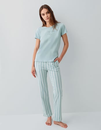 Pierre Cardin Kadın Kısa Kollu Pijama Takımı – %50 Modal %50 Pamuk, Çizgili Uzun Alt, Rahat Kalıp