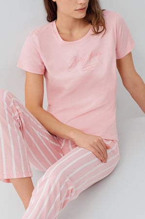 Pierre Cardin Kadın Kısa Kollu Pijama Takımı – %50 Modal %50 Pamuk, Çizgili Uzun Alt, Rahat Kalıp