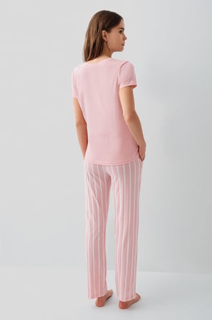 Pierre Cardin Kadın Kısa Kollu Pijama Takımı – %50 Modal %50 Pamuk, Çizgili Uzun Alt, Rahat Kalıp